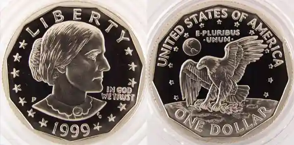 Obverse and reverse of the 1999-P Proof Susan B. Anthony Dollar