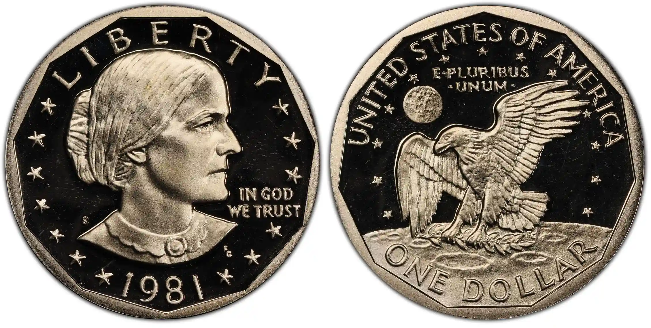 Obverse and reverse of the 1981-S Type 1 Proof Susan B. Anthony Dollar