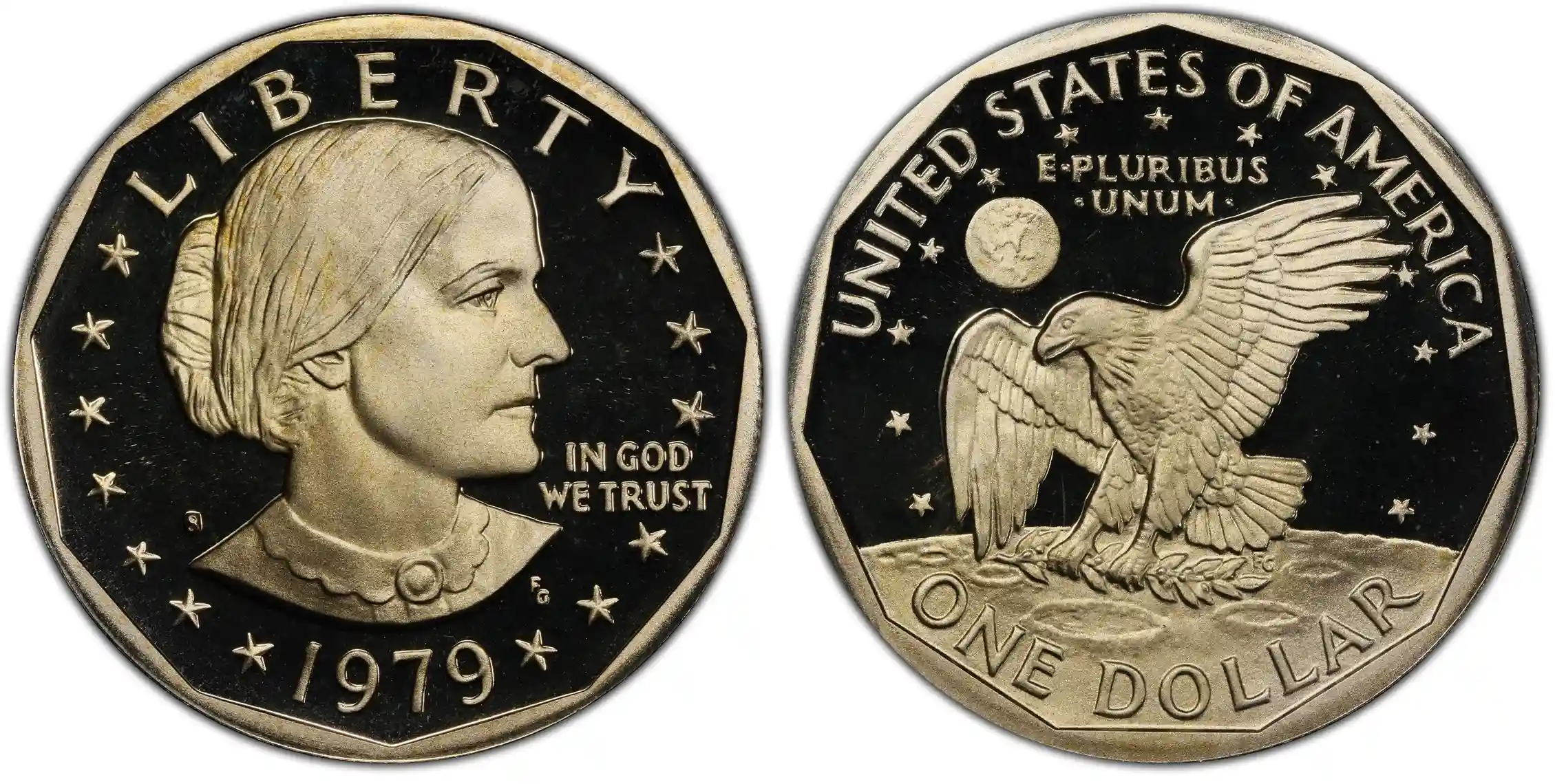 Obverse and reverse of the 1979-S Type 1 Proof Susan B. Anthony Dollar