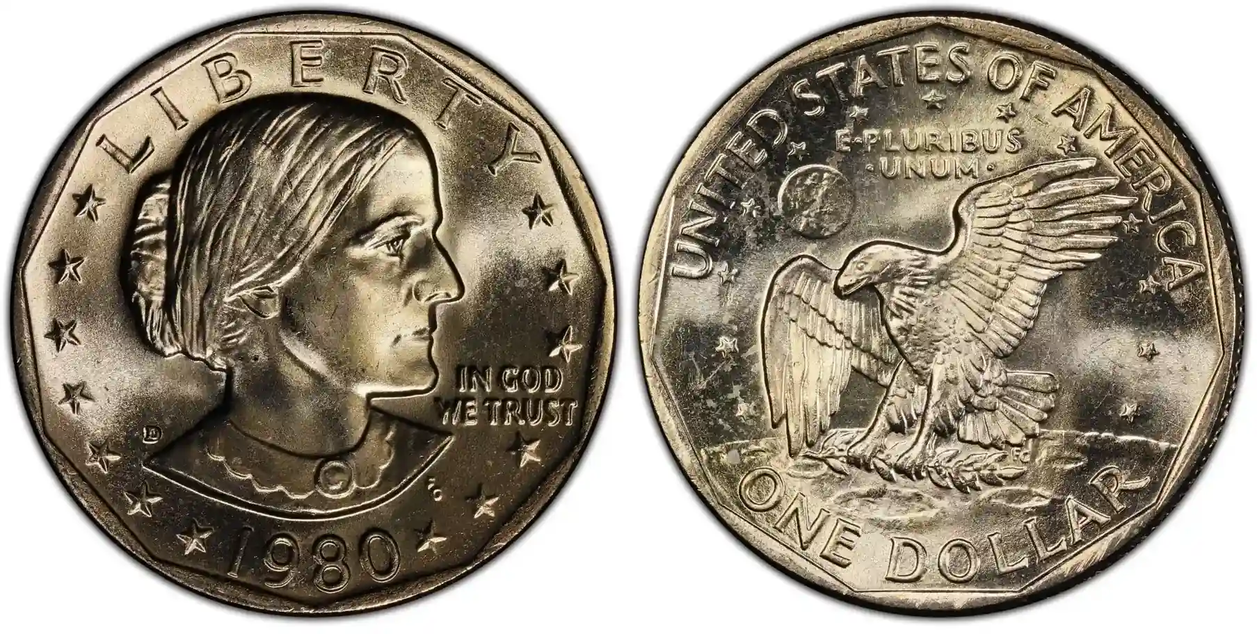 Obverse and reverse of the 1980-D Susan B. Anthony Dollar