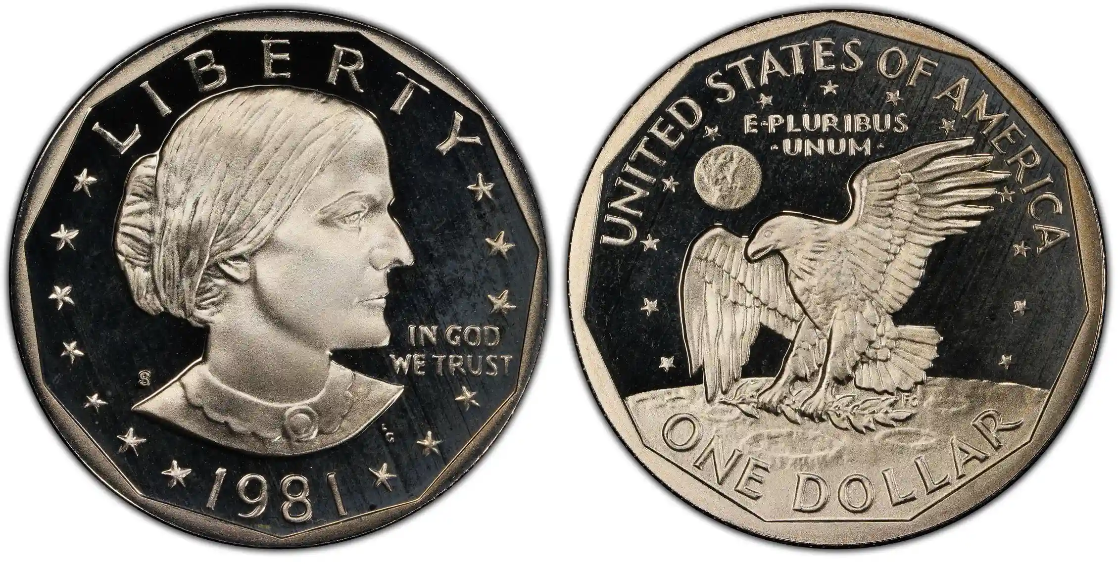 Obverse and reverse of the 1981-S Type 2 Proof Susan B. Anthony Dollar