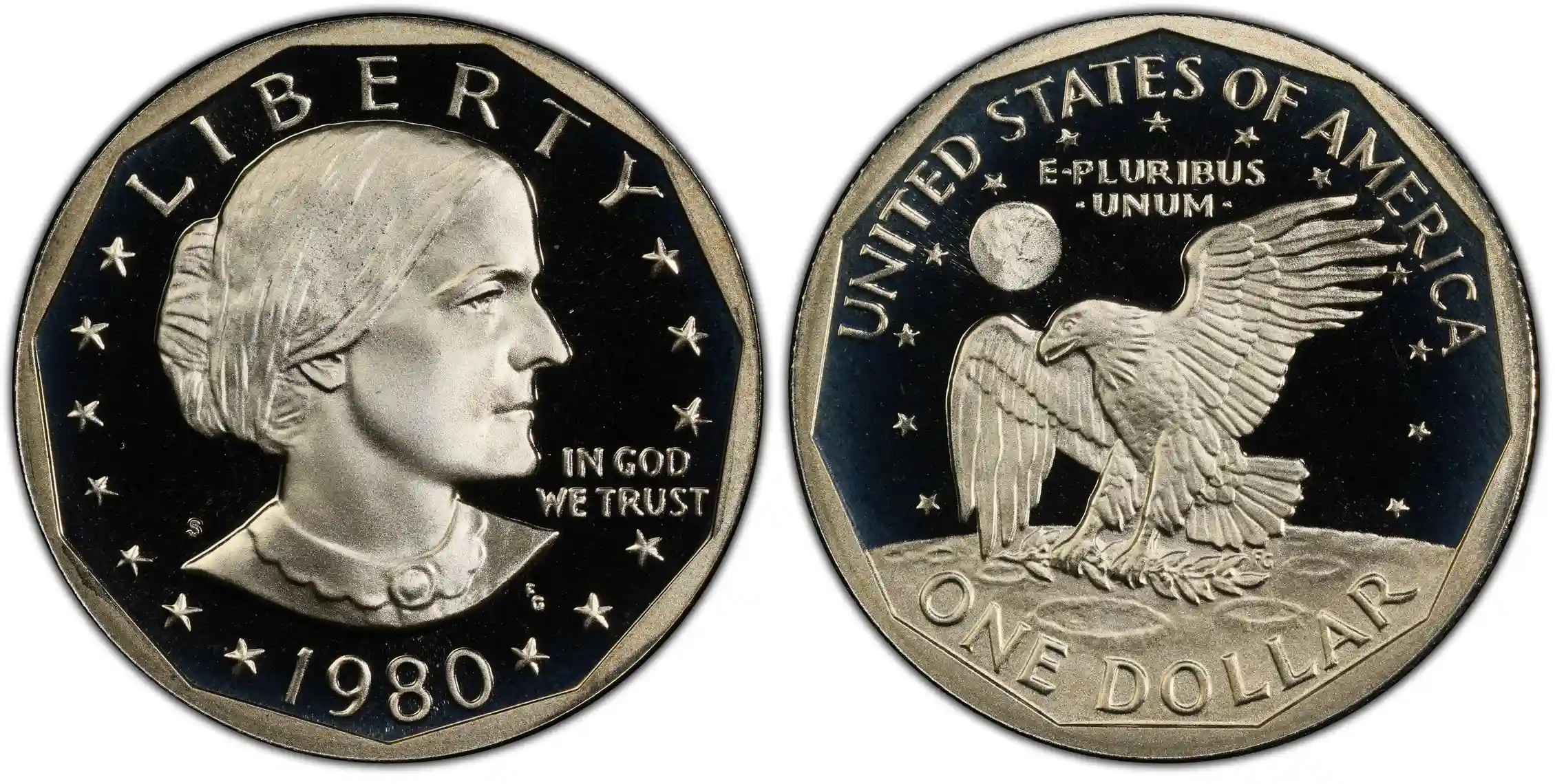 Obverse and reverse of the 1980-S Susan B. Anthony Dollar