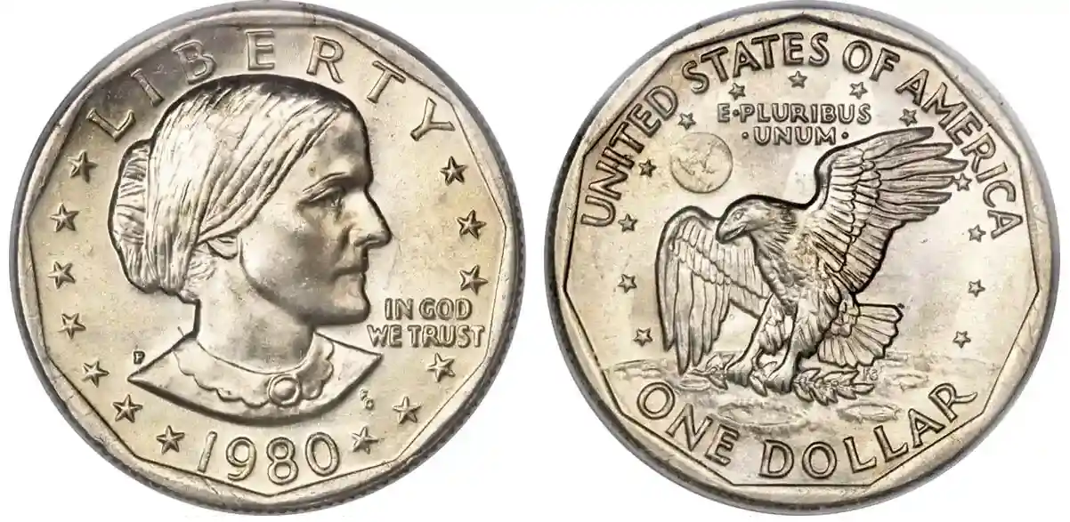 Obverse and reverse of the 1980-P Susan B. Anthony Dollar