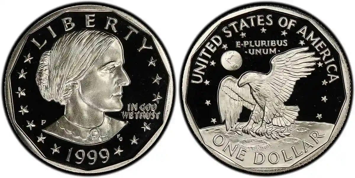 Obverse and reverse of the 1999-P Susan B. Anthony Dollar
