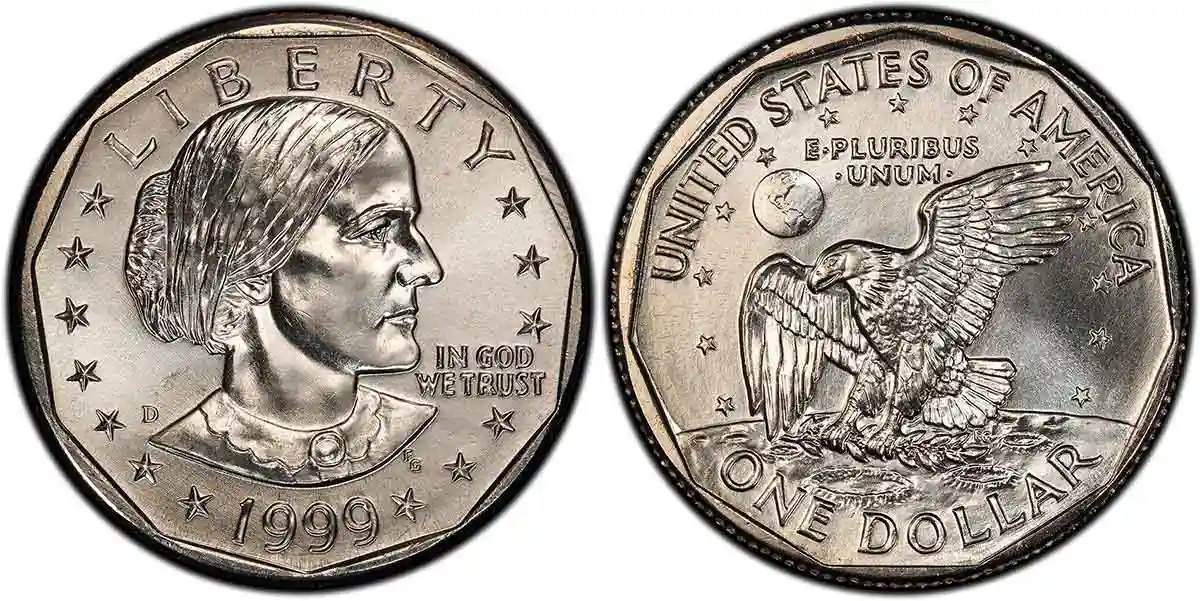 Obverse and reverse of the 1999-D Susan B. Anthony Dollar